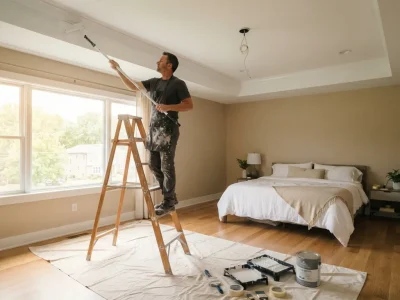 How do you paint a tray ceiling: a painter on a ladder uses a roller on an extension pole to paint a tray ceiling in a bright bedroom