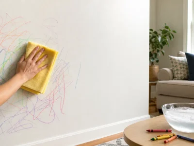 How Do You Remove Crayon From a Wall? Hand wiping colorful crayon scribbles off a white wall with a yellow microfiber cloth and soapy water