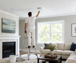 Painter on a ladder using a roller on a living room ceiling to show how long does ceiling paint take to dry before recoating