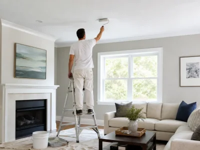 Painter on a ladder using a roller on a living room ceiling to show how long does ceiling paint take to dry before recoating