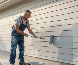 Professional painter using a roller to apply gray exterior paint to house siding, illustrating how long does exterior paint take to dry in sunlight