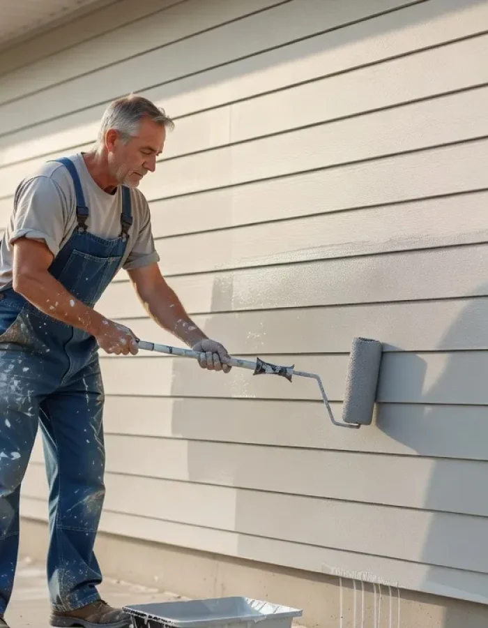 A painter applies fresh exterior coating on a sunny day, the kind of weather that affects how long exterior paint takes to dry.