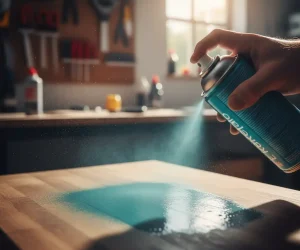 How long does it take for spray paint to dry — hand spray painting a wooden surface with teal paint mist visible in a workshop