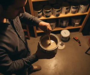Homeowner checking how long does paint last by stirring open paint can in storage room with shelves of organized paint cans.