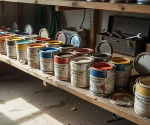 How long does paint last — rows of latex and enamel paint cans stored on a garage shelf