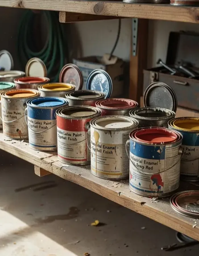 Old paint cans stored on a garage shelf, some opened, some sealed, showing how paint type and storage affect shelf life.