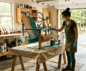 Woman spray painting a wooden Adirondack chair in a garage showing how long does it take for spray paint to dry on wood surfaces