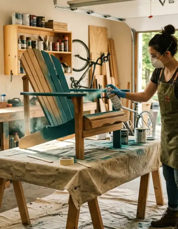 Applying thin coats of spray paint on wood in a ventilated garage — the right way to get an even finish and faster drying time.
