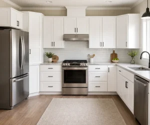 How Many Cabinets Fit in a 10x10 Kitchen showing a bright white L-shaped kitchen with upper and lower cabinets, stove, sink, and refrigerator.
