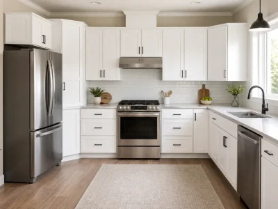 How Many Cabinets Fit in a 10x10 Kitchen showing a bright white L-shaped kitchen with upper and lower cabinets, stove, sink, and refrigerator.