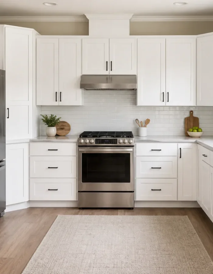 A bright 10x10 kitchen with an L-shaped cabinet layout, showing how cabinet placement, appliances, and available wall space affect cabinet count.
