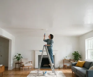 Person on a ladder painting a living room ceiling white with a roller, a paint can nearby, to show how much ceiling paint do I need