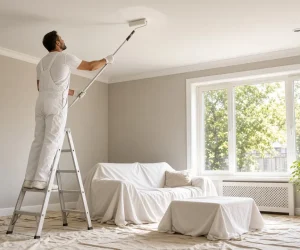 Painter on a ladder rolling white paint onto a living room ceiling, showing how much cost to paint a ceiling professionally