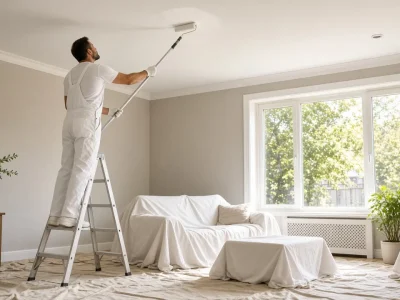 Painter on a ladder rolling white paint onto a living room ceiling, showing how much cost to paint a ceiling professionally