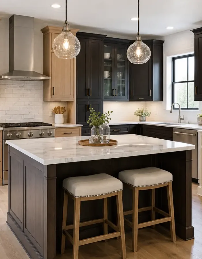 Modern 10x10 kitchen featuring mixed cabinet finishes, a spacious island, and ample storage.