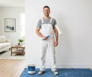 Professional painter holding a roller next to a paint gallon can showing how much does a gallon of paint cover on interior walls
