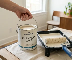 Hand lifting a Benjamin Moore Chantilly Lace paint can to show how much does a quart of paint cover before rolling onto a tray