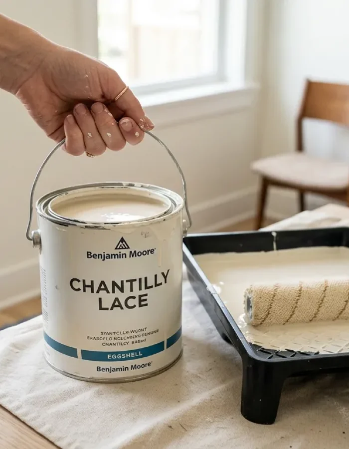Wondering how much does a quart of paint cover? A Benjamin Moore Chantilly Lace eggshell paint can and roller setup, ready for an accent wall project.
