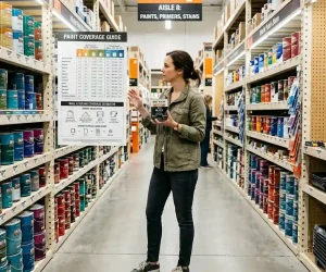 Woman in a paint store holding a quart paint can while reading a paint coverage guide chart — how much does a quart of paint cover for interior projects