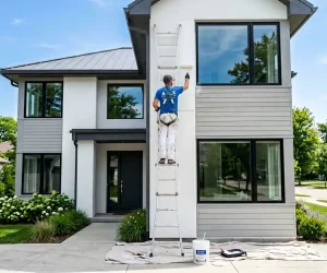 Professional painter on a ladder painting the exterior of a two-story house — how much does it cost to paint a house exterior depends on home size, siding type, and labor.