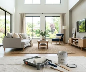 How much does it cost to paint interior of house — bright modern living room with paint roller, tray, and Benjamin Moore Aura paint can on drop cloth, ready for professional interior painting