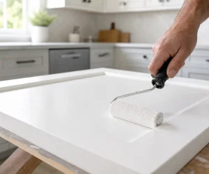 Close-up of a hand using a foam roller to paint a white cabinet door smoothly, demonstrating how to avoid roller marks when painting cabinets.