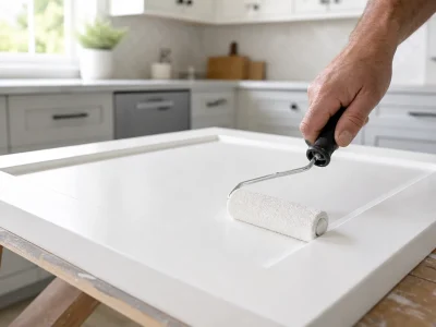 Close-up of a hand using a foam roller to paint a white cabinet door smoothly, demonstrating how to avoid roller marks when painting cabinets.