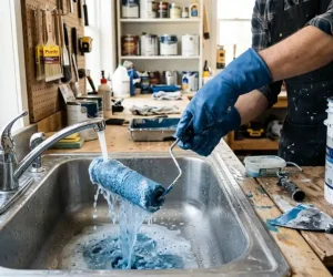 A person in blue rubber gloves cleaning a paint roller under running water in a utility sink with a latex paint bucket and putty knife on the workbench