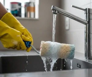 Person in yellow gloves demonstrates how to clean paint rollers under running water in kitchen sink with soap suds.