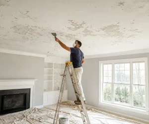 How to fix flaking ceiling paint: a painter in a mask and safety glasses scrapes loose paint from a ceiling while standing on a ladder