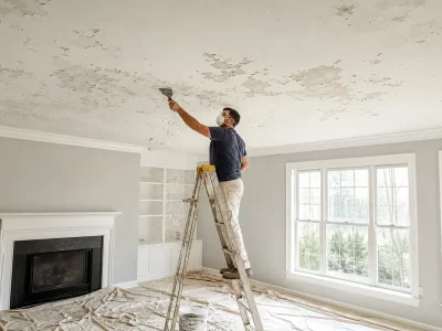 How to fix flaking ceiling paint: a painter in a mask and safety glasses scrapes loose paint from a ceiling while standing on a ladder