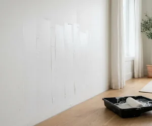 How to fix paint streaks on walls using a paint roller and tray in a bright interior room