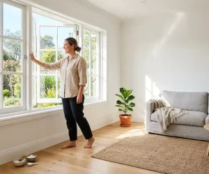 Woman opening window to get rid of paint smell in a bright freshly painted living room