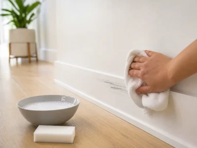 How to get scuff marks off walls: hand wiping a black scuff from a white baseboard with a microfiber cloth, soapy water and sponge nearby
