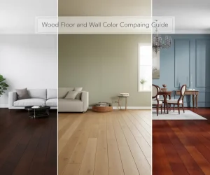 Three perfect examples of how to match wall color with wood floor: dark hardwood with crisp white, light oak with neutral beige, and cherry wood with cool blue-gray walls.