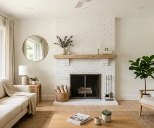 How to paint a brick fireplace: bright living room with freshly painted white brick fireplace, wood mantel, and modern minimal decor