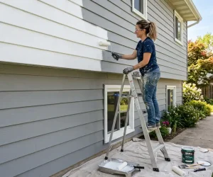 How to paint aluminum siding: DIY homeowner painting aluminum siding with a roller on a ladder outside a suburban home