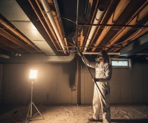 How to Paint Basement Ceiling Black with a roller and respirator mask in an unfinished basement