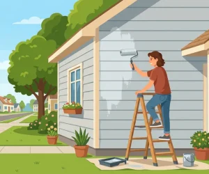A person painting cement board siding on a house exterior using a paint roller on a ladder, sunny day, suburban neighborhood