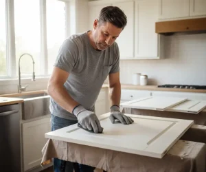 How to paint over oil based paint by sanding a cabinet door in a kitchen