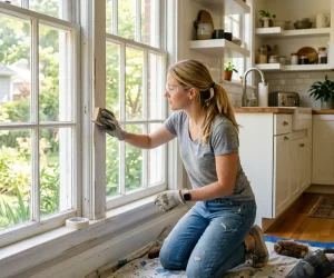 how to paint over oil based paint — DIY homeowner sanding window trim with fine-grit sandpaper before repainting
