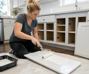 How to Paint Old Painted Kitchen Cabinets Without Sanding with a person applying fresh white paint using a roller to a cabinet door.