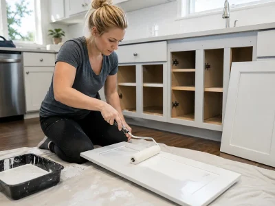 How to Paint Old Painted Kitchen Cabinets Without Sanding with a person applying fresh white paint using a roller to a cabinet door.