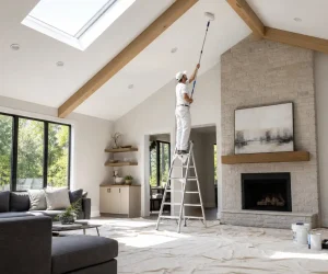 How to paint vaulted ceilings: a painter on a ladder uses an extension pole roller to paint a high ceiling with wooden beams and a skylight