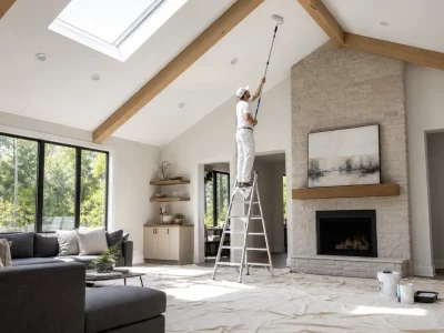 How to paint vaulted ceilings: a painter on a ladder uses an extension pole roller to paint a high ceiling with wooden beams and a skylight