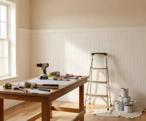 How to paint wainscoting — bright room with white beadboard panels, painting tools, and paint cans ready for a DIY interior project