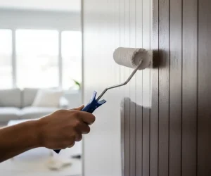 Hand holding paint roller applying primer to wood paneling showing how to paint wood paneling in modern living room.