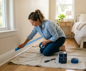 Woman applying blue painter's tape along white baseboards — how to prep a room for painting with drop cloth and paint can on hardwood floor