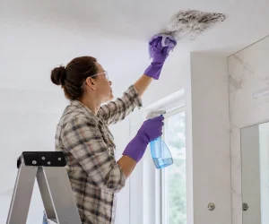 How to remove mold from painted ceiling: woman wearing gloves and safety glasses cleaning mold with a cloth and spray bottle from a bathroom ceiling