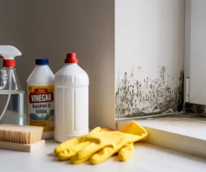 Cleaning supplies including spray bottle, vinegar, and baking soda arranged on counter with visible mold on painted walls in background showing how to remove mold from painted walls